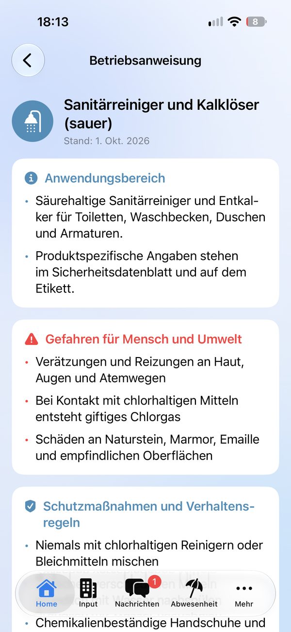 Betriebsanweisung für Sanitärreiniger mit Gefahren und Schutzmaßnahmen