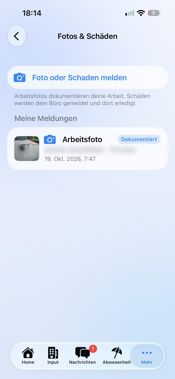 Fotos und Schäden: Arbeitsfoto melden