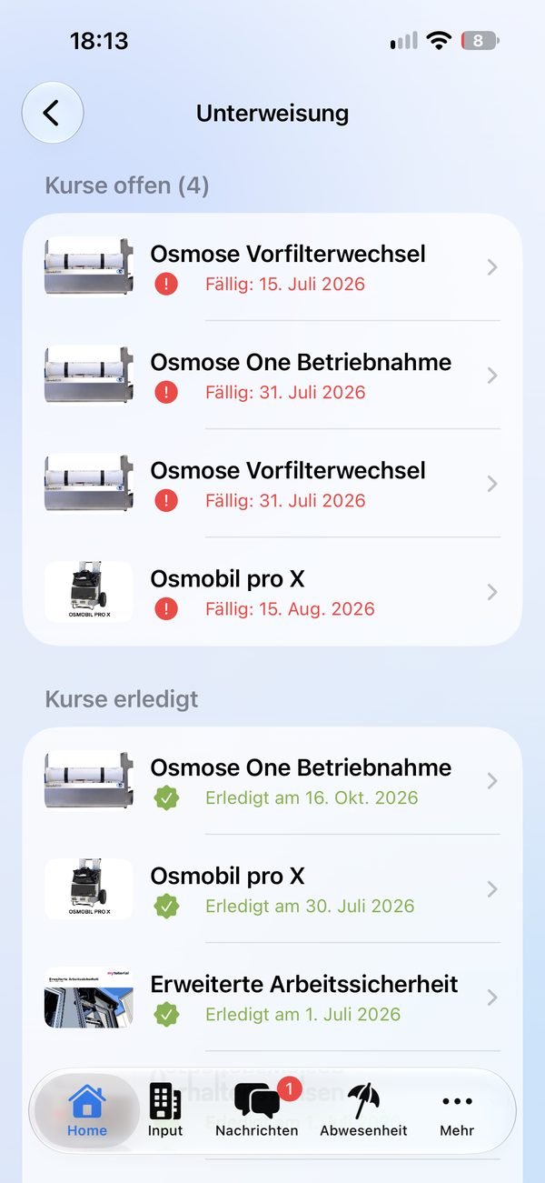 Unterweisungen: offene und erledigte Kurse mit Fälligkeitsdatum