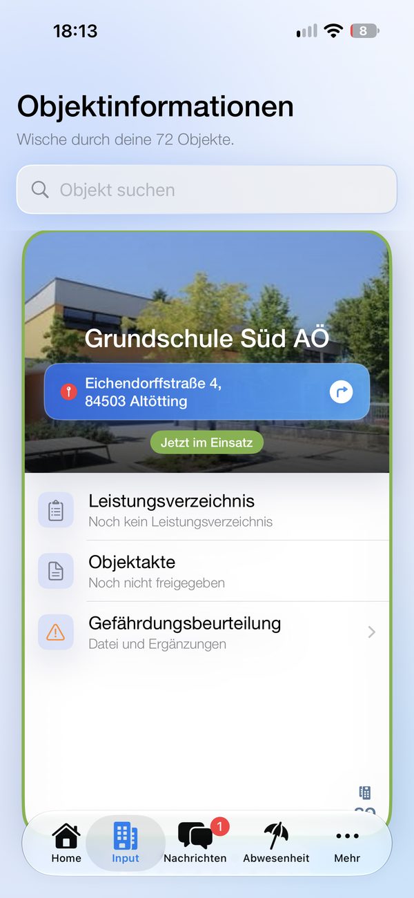 Objektinformationen mit Foto, Adresse, Leistungsverzeichnis und Gefährdungsbeurteilung